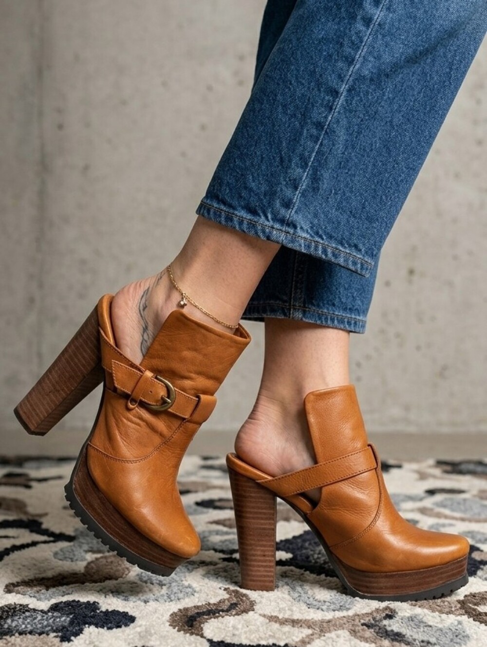 GOLO Leather Chunky Block Heel Platform Mules Cognac Brown Bootie Sandals